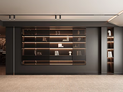 Modern Bookcase Interior Design With Layered Shelves And Warm Lighting Details 3d model