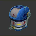 Blue Futuristic Device With Transparent Top Red Symbol And Yellow Accents On Metallic Base