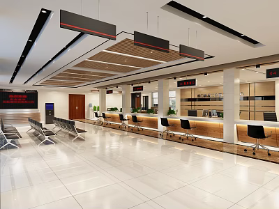 Bright Modern Public Service Hall Interior With Service Counters Waiting Seats And Digital Displays 3d model
