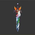 Fantasy Decorative Sword With Blue Gemstone Wing Decoration And Colorful Blade