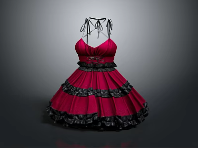 Red And Black Dress With Ribbon Straps Bow Detail And Ruffled Layers 3d model