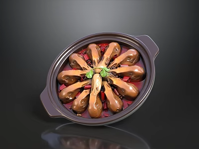 Delicious Braised Duck Heads in Clay Pot with Red Chili and Green Garnish 3d model