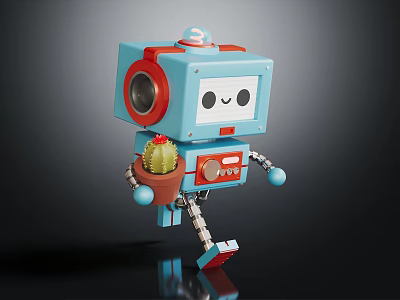Blue Square Robot With Red Accents Holding Potted Cactus And Smiling 3d model