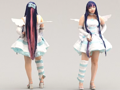 Woman with long hair wearing white dress white wings striped stockings and high heels 3d model