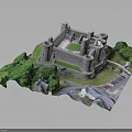 Detailed Castle Architecture Model With Green Trees Grass Road And Parked Cars