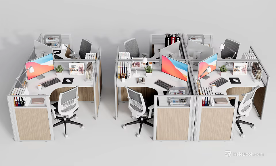 Functional Office Desks in Modern Cubicles with Computers Stationery Potted Plants and Ergonomic Chairs 3d model 