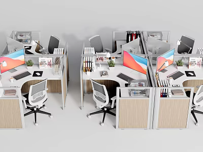 Functional Office Desks in Modern Cubicles with Computers Stationery Potted Plants and Ergonomic Chairs 3d model