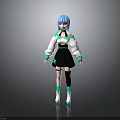 3D Humanoid Anime Character Design With Blue Hair White Top Black Skirt Green Accents