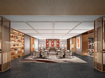 Chinese Style Lounge Area With Wooden Bookshelves Tables Chairs And Decorative Screens 3d model