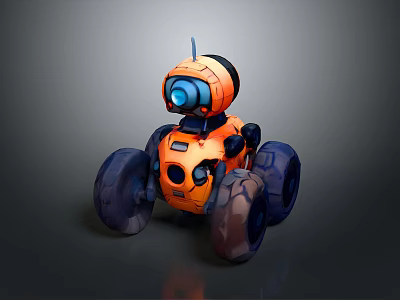 Orange Toy Robot With Large Textured Wheels And Blue Camera Lens 3d model