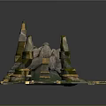 3D Fantasy Landscape with Rock Spires Golden Accents and Circular Platform