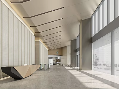 Modern Reception Area With Stylish Geometric Front Desk And Natural Light Through Large Windows 3d model