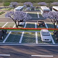 Eco Friendly Parking Lot Featuring Cherry Blossom Trees Green Permeable Ground And Parked Cars