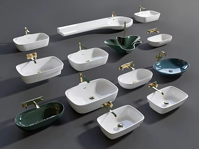 Different Styles Of Modern Washbasins With White Green Colors And Golden Faucets 3d model