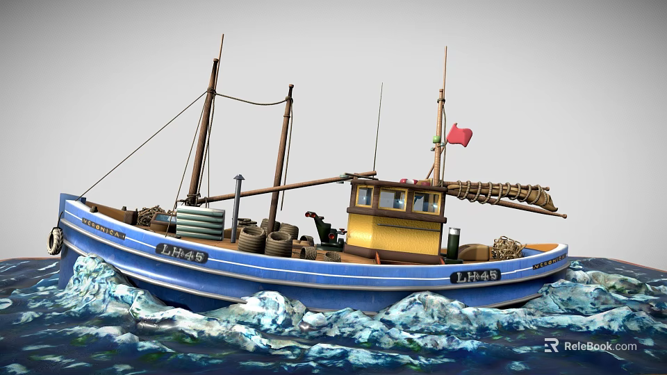Sailing Boat with Blue Hull and Yellow Cabin Flying Red Flag on Wavy Sea 3d model 