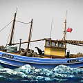 Sailing Boat with Blue Hull and Yellow Cabin Flying Red Flag on Wavy Sea