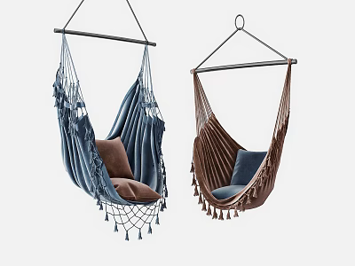 Two Blue Brown Macramé Hammock Chairs With Tassel Details And Soft Cushions 3d model