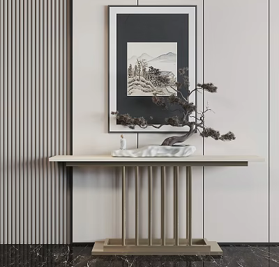 Elegant Minimalist Console Table With Decorative Painting And Pine Branch 3d model