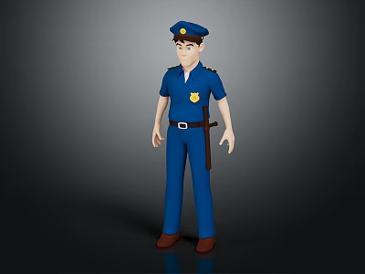 3D Police Officer Character in Blue Uniform with Hat Badge and Brown Belt 3d model