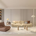 Modern Living Room Interior With Beige Sofa Brown Beanbag Wooden Tables Floor Lamp And Rug