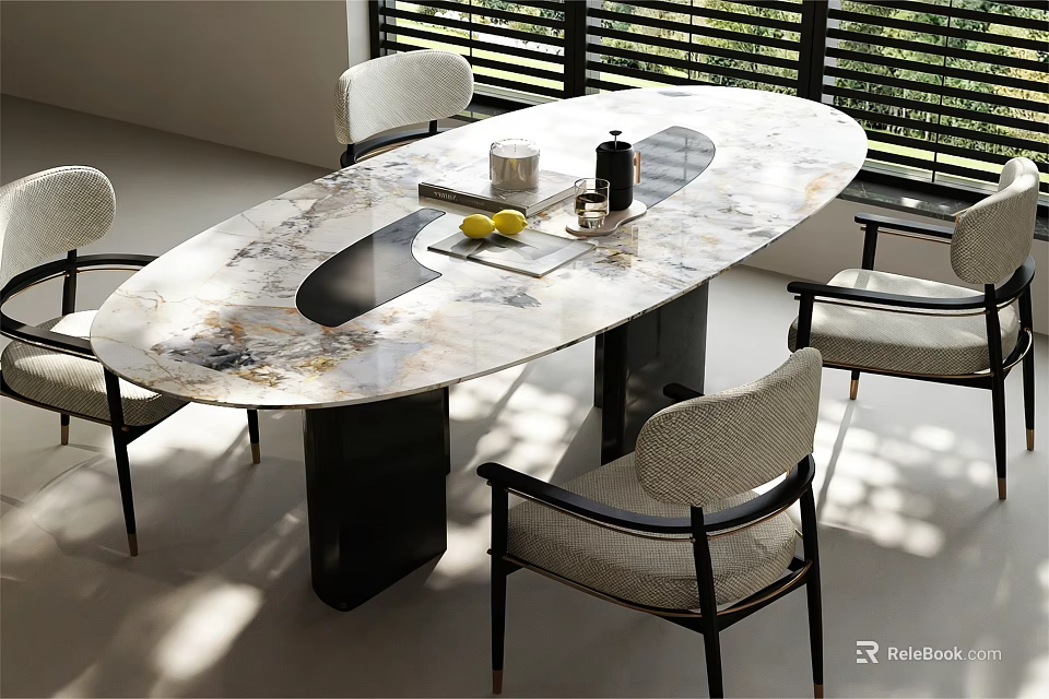 Elegant Modern Dining Table Set With Oval Marble Top And Upholstered Chairs 3d model 