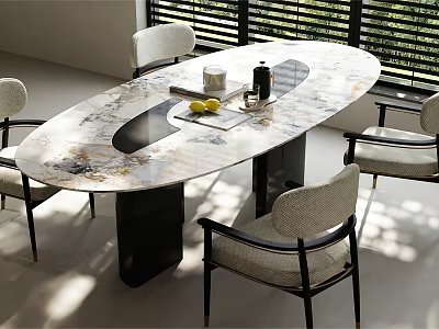 Elegant Modern Dining Table Set With Oval Marble Top And Upholstered Chairs 3d model