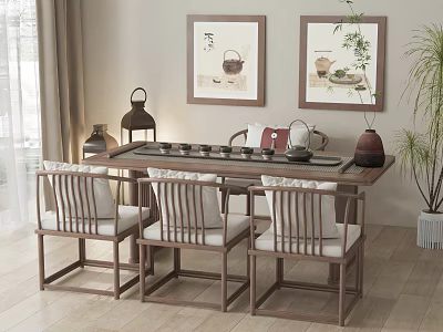 Traditional Chinese Style Tea Table and Chairs with Decorative Paintings Tea Set and Green Plants 3d model
