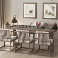 Traditional Chinese Style Tea Table and Chairs with Decorative Paintings Tea Set and Green Plants
