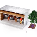 Modern Roadside Rest Station With Wooden Concrete Structure Service Desk Staff And Green Plant