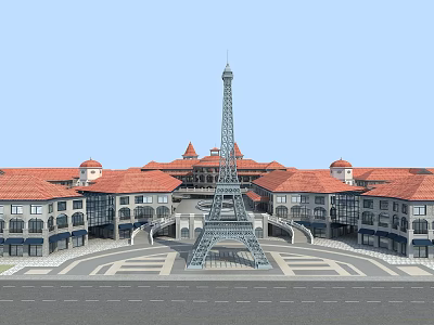 Swing Doors In Commercial Plaza With Red Roof Buildings And Architecture 3d model