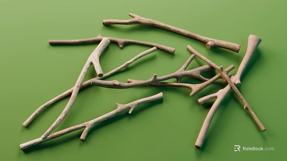 Natural Dry Brown Branches Scattered On Green Background For Decorative 3d model 