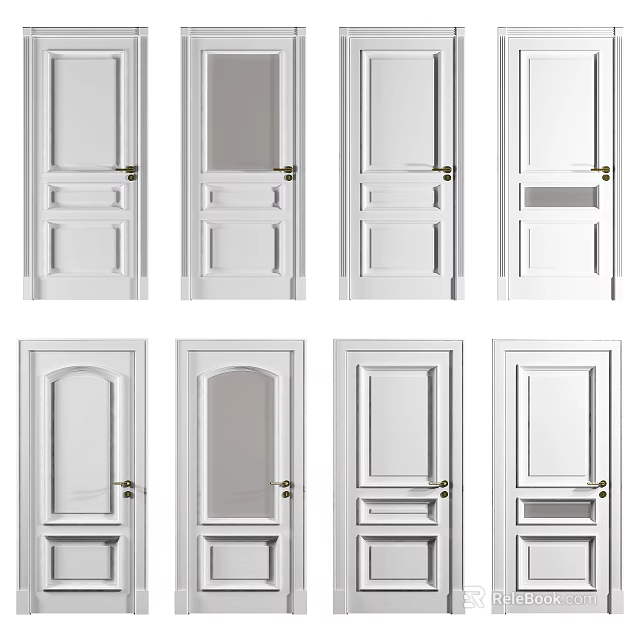 White Hinged Doors With Various Panel And Glass Insert Designs For Interior Use 3d model
