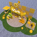 Yellow Camping Theme Stage With Giant Hand Sculptures Tents Grass Area And Wooden Frame