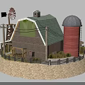 Traditional Farm Barn With Red Silo Windmill And Hay Bales Tractor