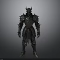 Man In Black Spiked Armor With Horned Helmet And Metallic Texture Standing