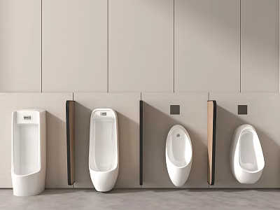 Neatly Arranged White Urinals In Modern Public Restroom With Beige Walls And Partitions 3d model