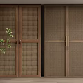 Modern Wooden Wardrobe With Sliding Doors And Rattan Panel Design