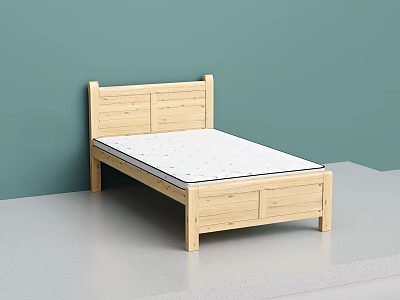 Light Wooden Double Bed Frame With White Mattress In Green Wall Room 3d model