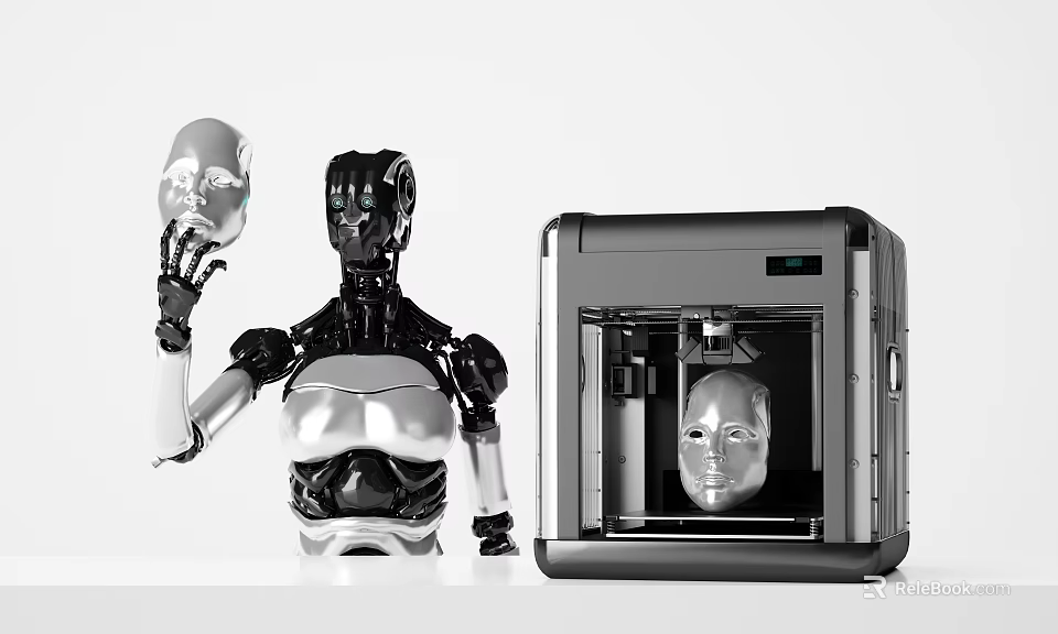 Modern Office Appliance 3D Printer With Robot Displaying Face Model 3d model