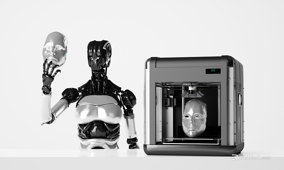 Modern Office Appliance 3D Printer With Robot Displaying Face Model 3d model 