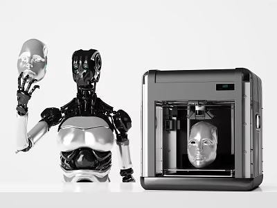 Modern Office Appliance 3D Printer With Robot Displaying Face Model 3d model
