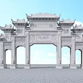 Ancient Chinese Architecture Stone Archway with Intricate Carvings and Multi tiered Roofs