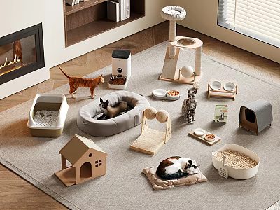Indoor Cat Tree And Furniture With Scratching Post Bed Food Bowls For Kittens 3d model