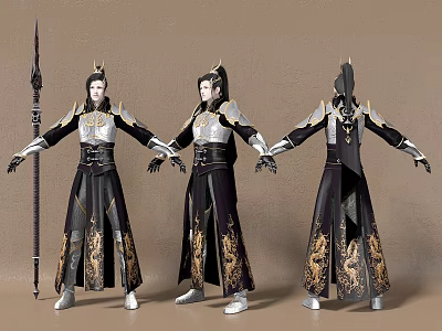 Ancient Warrior Characters In Different Poses With Golden Black Traditional Clothing Creature Pattern And Spear 3d model