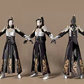 Ancient Warrior Characters In Different Poses With Golden Black Traditional Clothing Creature Pattern And Spear