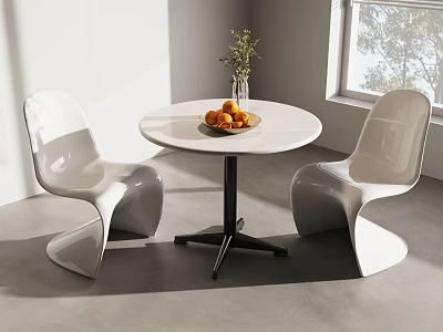 Modern White Leisure Chairs With Round Table Fruit Plate And Green Plant By Window 3d model