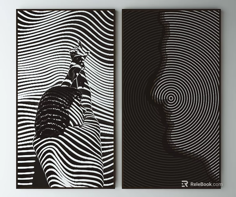 Black And White Striped Symmetric Artwork With Face And Sculpture Design 3d model 