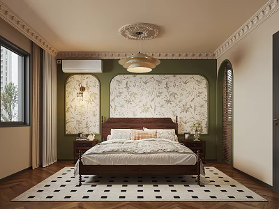Classic Bedroom Interior With Wooden Bed Patterned Wallpaper Checkered Rug Nightstands And Ceiling Light 3d model