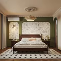 Classic Bedroom Interior With Wooden Bed Patterned Wallpaper Checkered Rug Nightstands And Ceiling Light