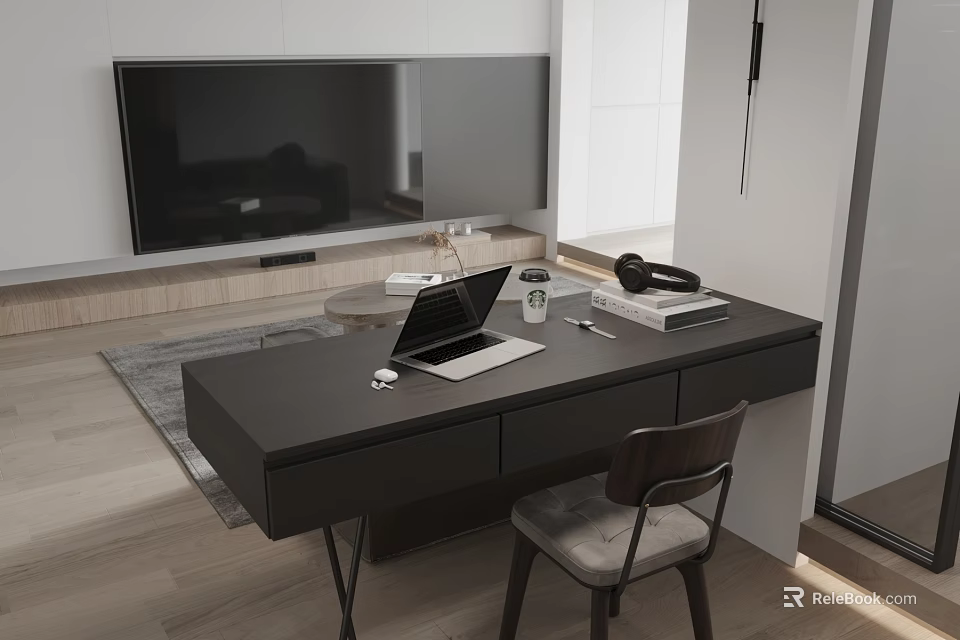 Modern Black Desk Workspace With Laptop Mouse Coffee Cup Headphones Books And Chair 3d model 